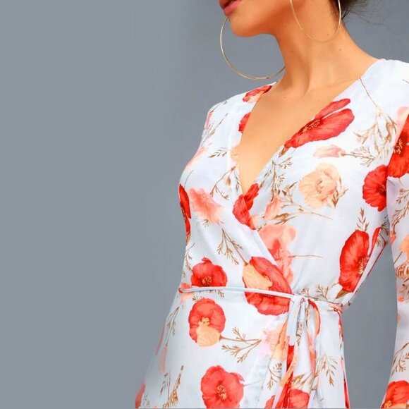 Lulus ✦ Petals of Honor Wrap Dress ✦ Light Blue Floral Chiffon Bell Sleeves S - Picture 3 of 14